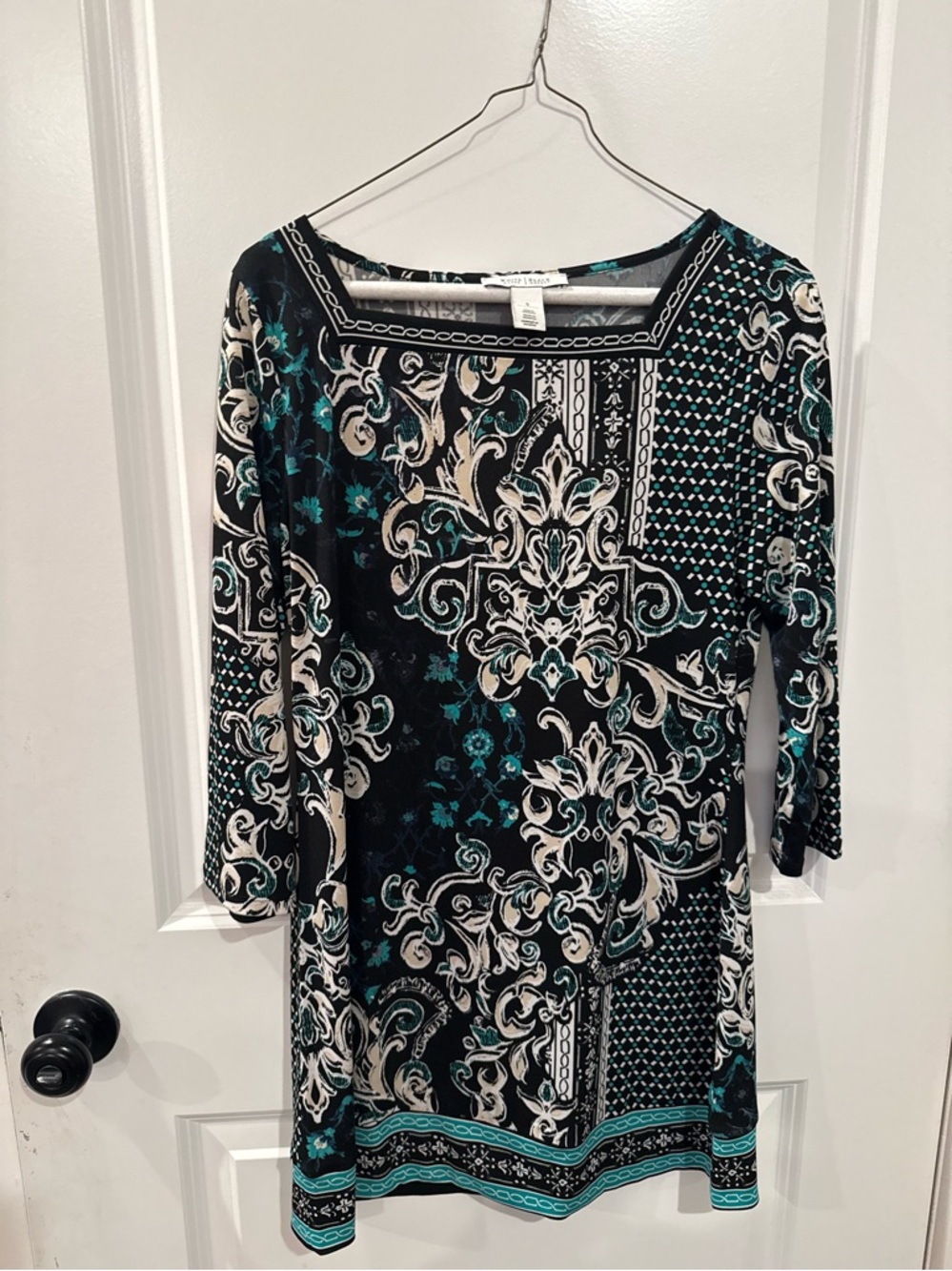 White House Black Market Black & Teal Long-Sleeve Square Neck Dress